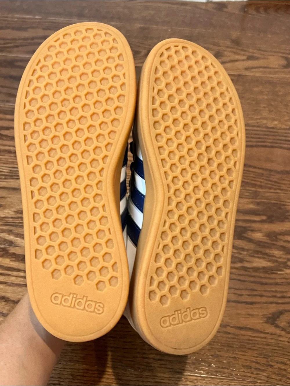 adidas White and Navy Leather Sneakers with Gum Outsole